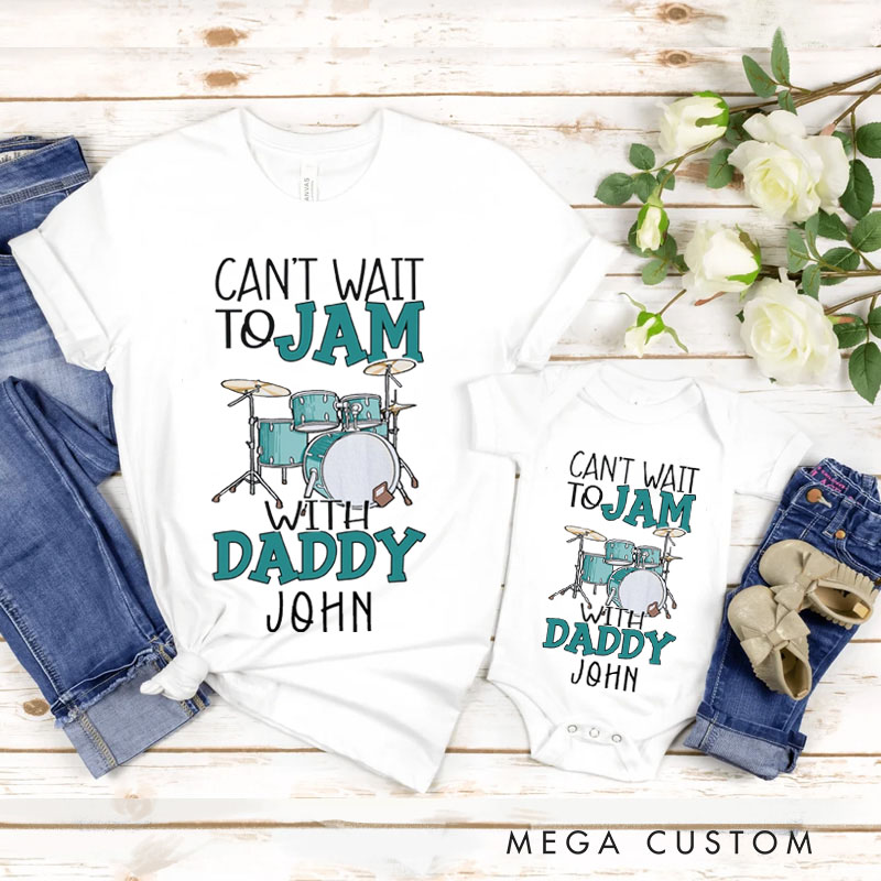 Personalized Daddy and Me Drum Set Classic T-shirt Cute Jam with Dad Matching Family Gift for Fathers Day New Dad Kid Baby Custom Name Unisex Top