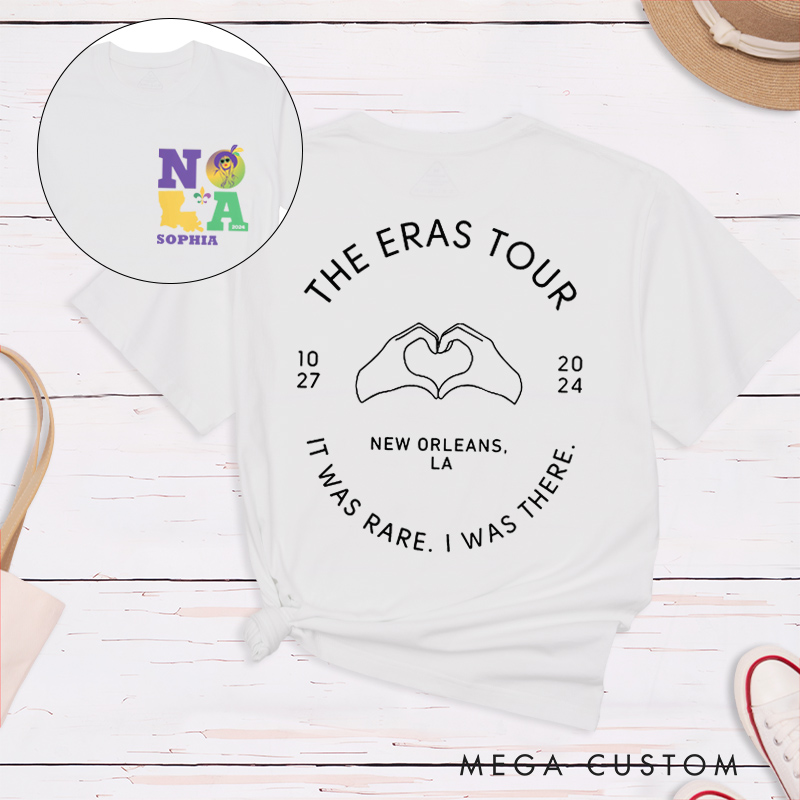 Personalized New Orleans Concert Souvenir Classic T-Shirt Unisex Heart Hands Symbol Custom Name Rare Experience Gift for Swifties Fans Event Attendees