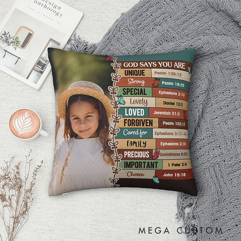 Personalized God Says You Are Bible Verse Affirmation Throw Pillow with Photo Religious Inspirational Christian Gift for Kids