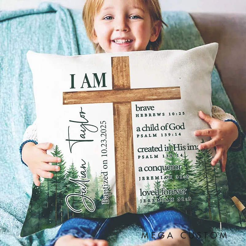 Personalized Forest Cross Bible Verse Throw Pillow with Name Home Decor Christening Gift Birthday Gift for Boys