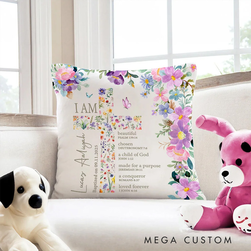 Personalized Floral Cross Bible Scripture Throw Pillow with Name The First Baptism Communion Confirmation Gift for Girls