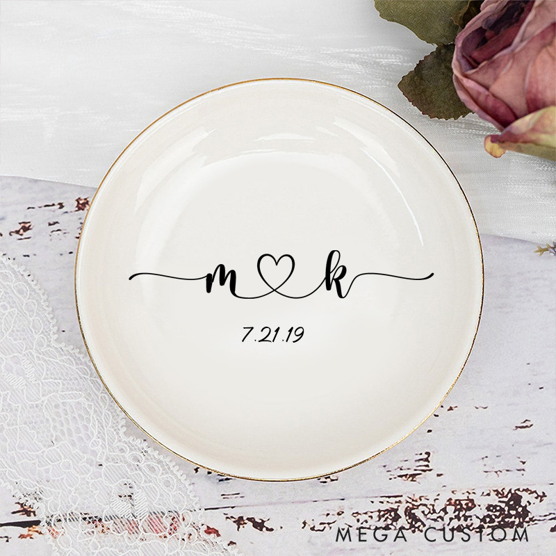 Personalized Elegant Flowing Initials with Heart and Date Wedding Engagement Gold-Trimmed Ring Dishes