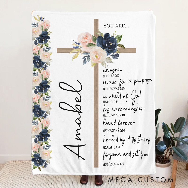 Personalized You are Cross and Floral Bible Verse Blanket with Name Home Decor Affirmations Gift for Women Religious Inspirational Throw for Ladies