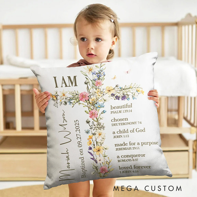 Personalized Floral Cross Bless Bible Verse Soft Throw Pillow with Name and Text Baptism First Communion Gift for Girls