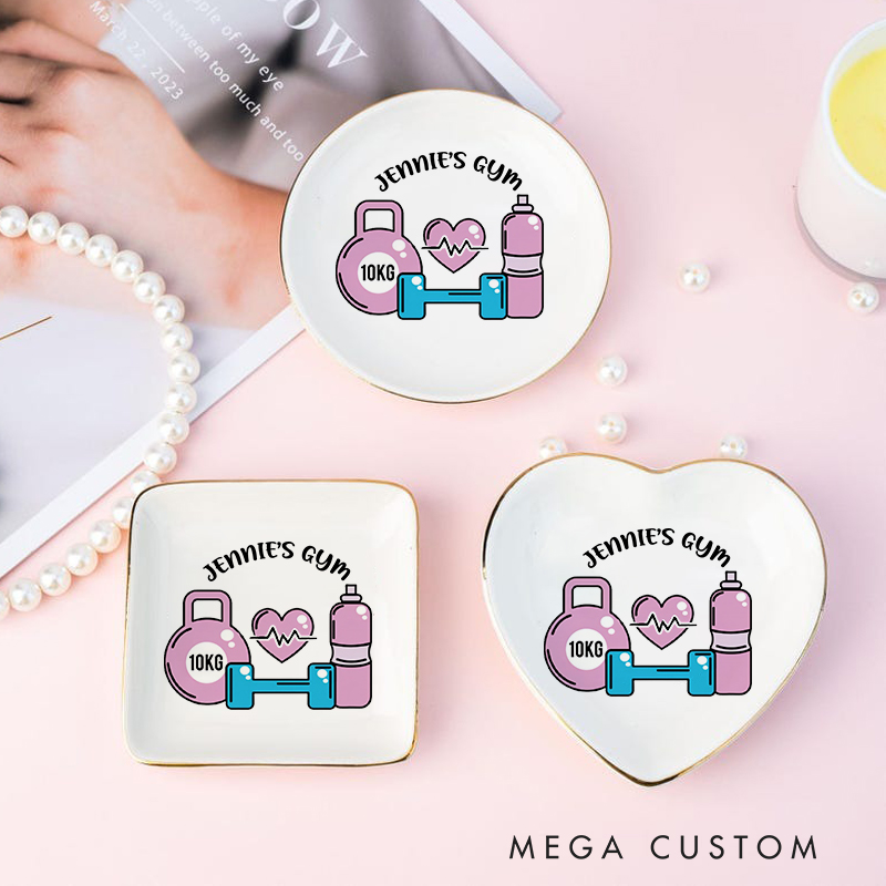 Personalized Barbell and Floral Ring Dishes Jewelry Dish for Gym Lovers Couple Valentine's Day Anniversary Gift