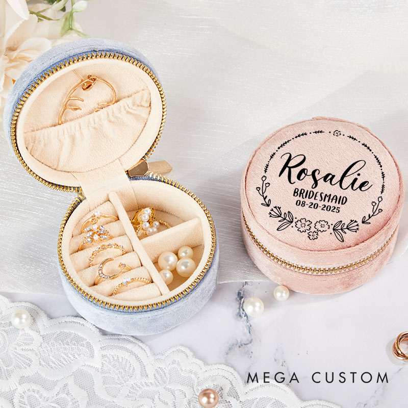 Personalized Bridesmaid Wreath Jewelry Box Bride Round Velvet Jewelry Box for Her Wedding Bachelorette Party Gift
