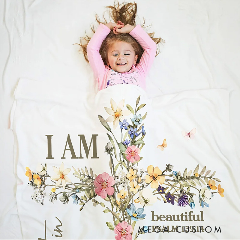 Personalized Floral Cross Bless Bible Verse Soft Throw Blanket with Name and Text Baptism Gift First Communion Gift for Girls 