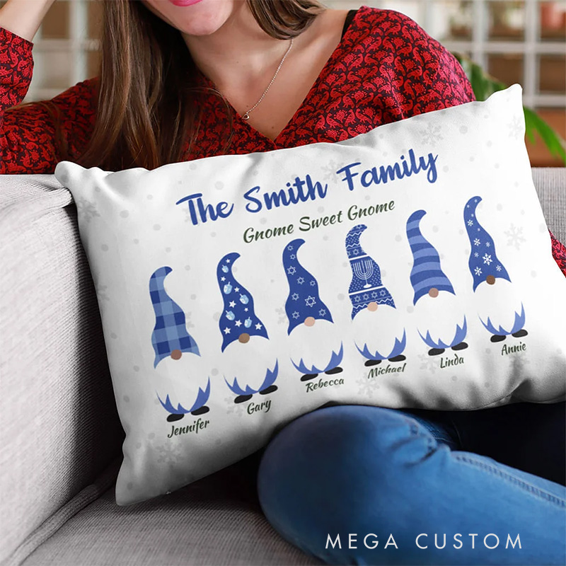 Personalized Cute Hanukkah Gnome Family Throw Pillow Cover with 1-6 Names Happy Hanukkah Gift for Jewish Family