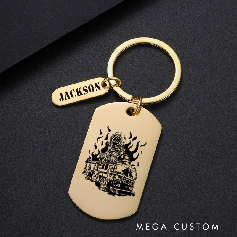 Personalized Fireman Keychain Engraved Metal Design with Firefighter and Fire Truck Illustration Gift for Firefighters