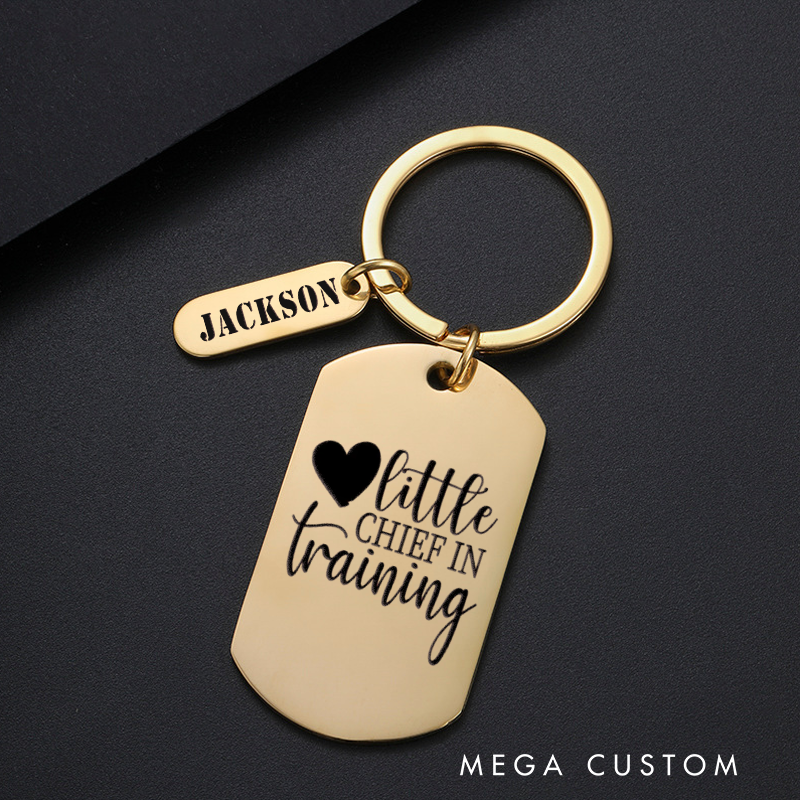 Personalized Fireman Keychain Engraved Metal Design Featuring Little Chief in Training Text with Heart Graphic Gift for Future Firefighters