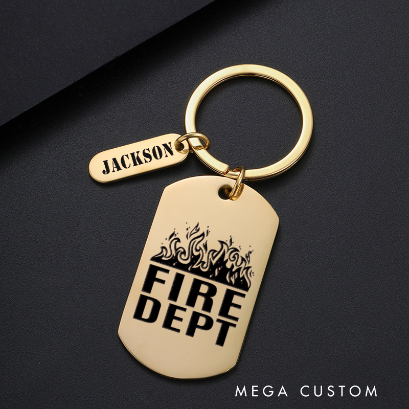 Personalized Fireman Keychain Engraved Metal Design Featuring Fire Dept Text with Flame Graphic Gift for Firefighters