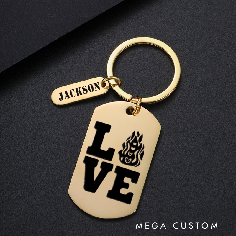 Personalized Fireman Keychain Engraved Metal Design Featuring Love Text with Flame Graphic Gift for Firefighters and Their Loved Ones