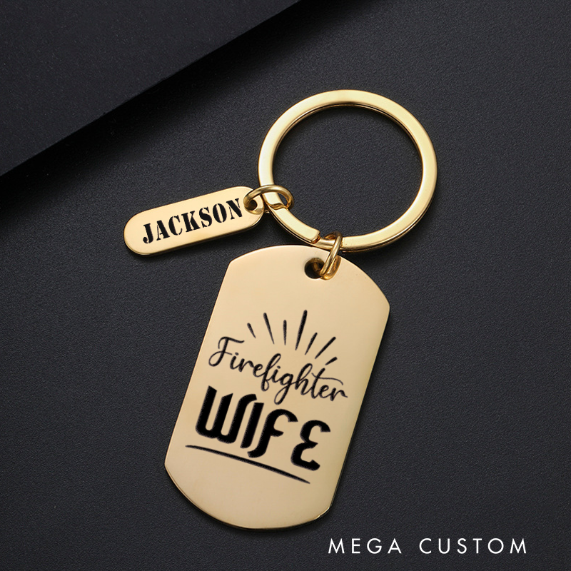 Personalized Fireman Keychain Engraved Metal Design Featuring Firefighter Wife Text with Elegant Accents Gift for Firefighters' Wives