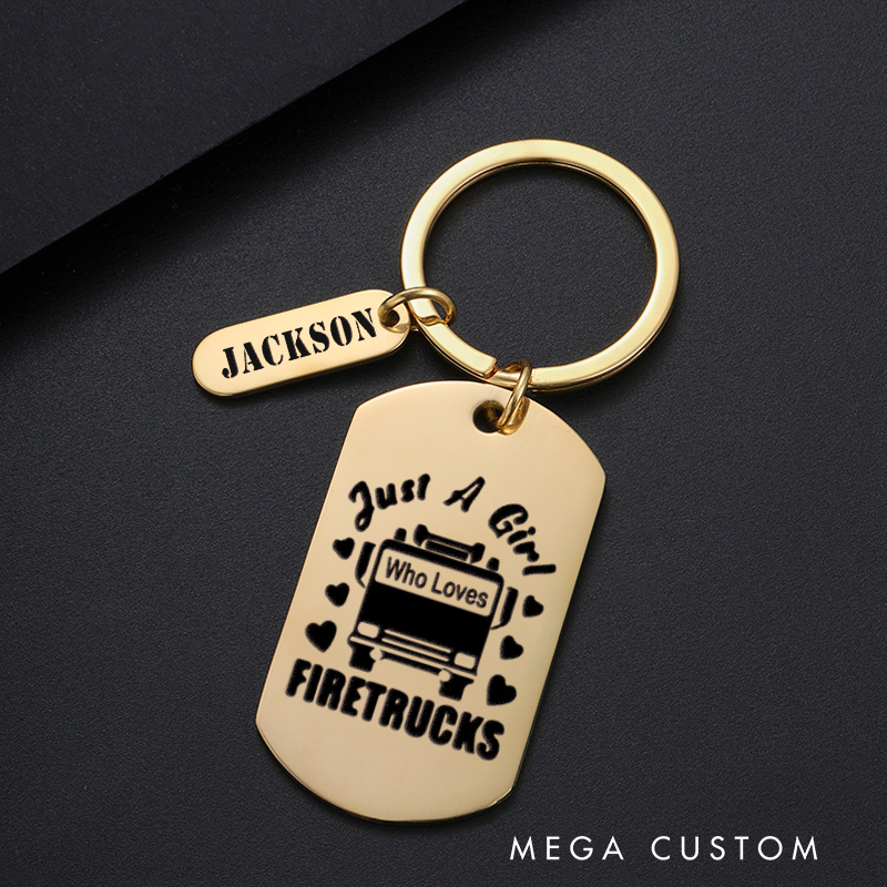 Personalized Fireman Keychain Engraved Metal Design Featuring Just a Girl Who Loves Firetrucks Text with Firetruck and Heart Graphics Gift for Firetruck Enthusiasts