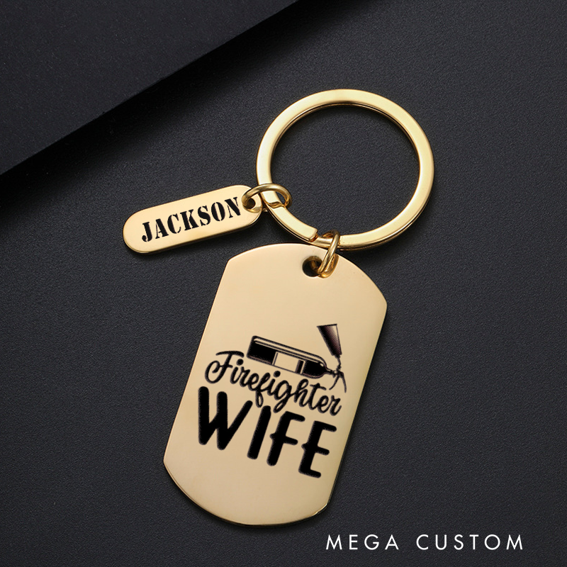 Personalized Fireman Keychain Engraved Metal Design Featuring Firefighter Wife with Fire Hose Graphic Gift for Firefighters' Wives