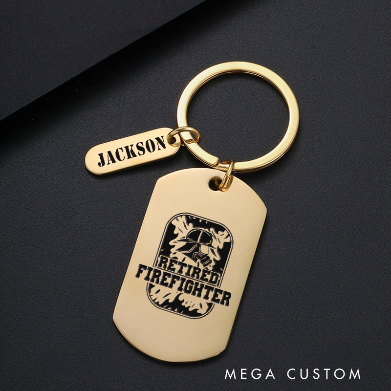 Personalized Fireman Keychain Engraved Metal Design Featuring Retired Firefighter with Firefighter Helmet and Flames Graphic Gift for Retired Firefighters