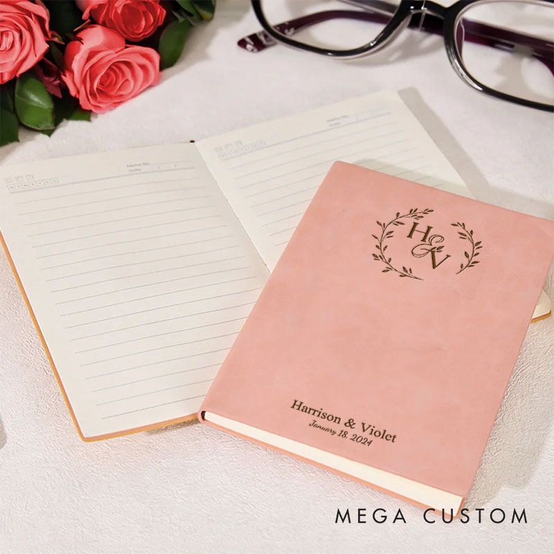 Personalized Laurel Branches with Initials and Date Wedding Couple Leather Journal Notebooks
