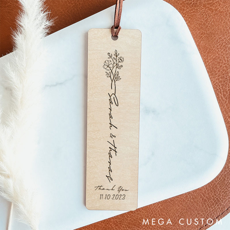 Personalized Thank You Floral Wedding Couple Wood Bookmark