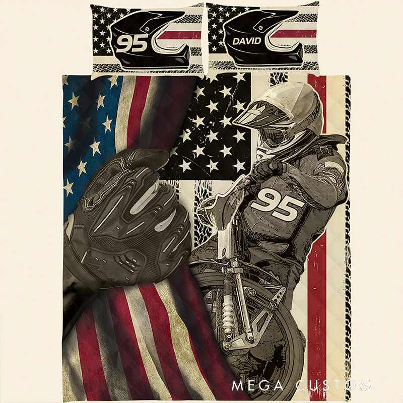 Personalized Motorcycle Speedway Quilt Bed Set Gift for Biker and Motorcycle Fans