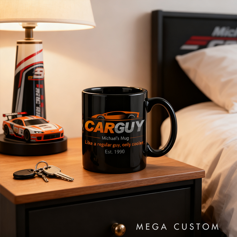 Personalized Car Guy Mug Custom Name and Year Coffee Cup Gift for Car Enthusiast Driver Dad Auto Racing Fan Unique Present for Racing Lovers