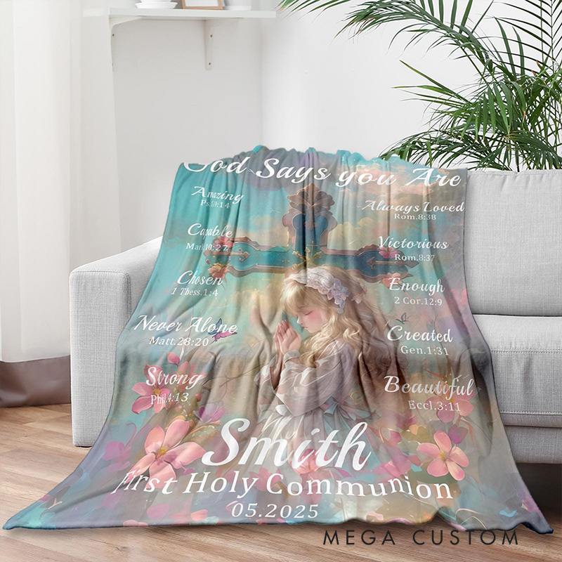 Personalized Gods Say You are Cross and Girl First Communion Blanket with Name Bible Verse Blanket Home Decor Religion Baptism Gift for Girl Boy