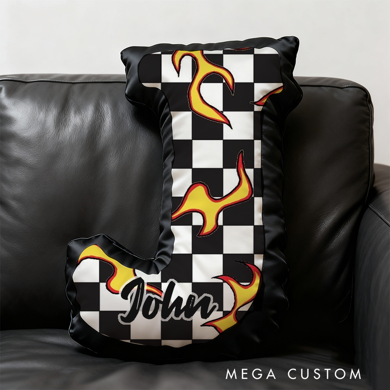 Personalized Racing Flame Pillow Custom Initial Checkered Flag Design Cushion 3D Print Gift for Motorsports Fans