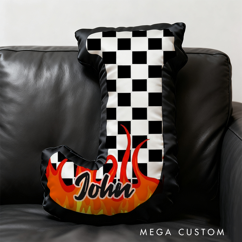 Personalized Racing Flame Pillow Custom Initial Checkered Flag Design Cushion 3D Print Gift for Speed Enthusiasts