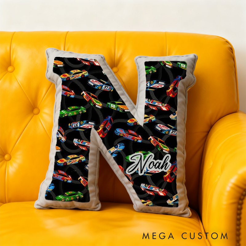Personalized Race Car Initial Pillow Custom Name Cushion Gift for Car Enthusiasts