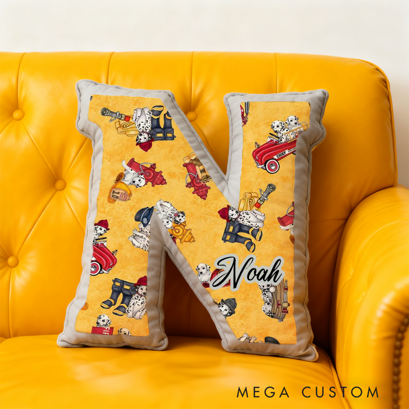 Personalized Firefighter Dalmatian Initial Pillow with Custom Name Gift for Kids and Fire Rescue Fans