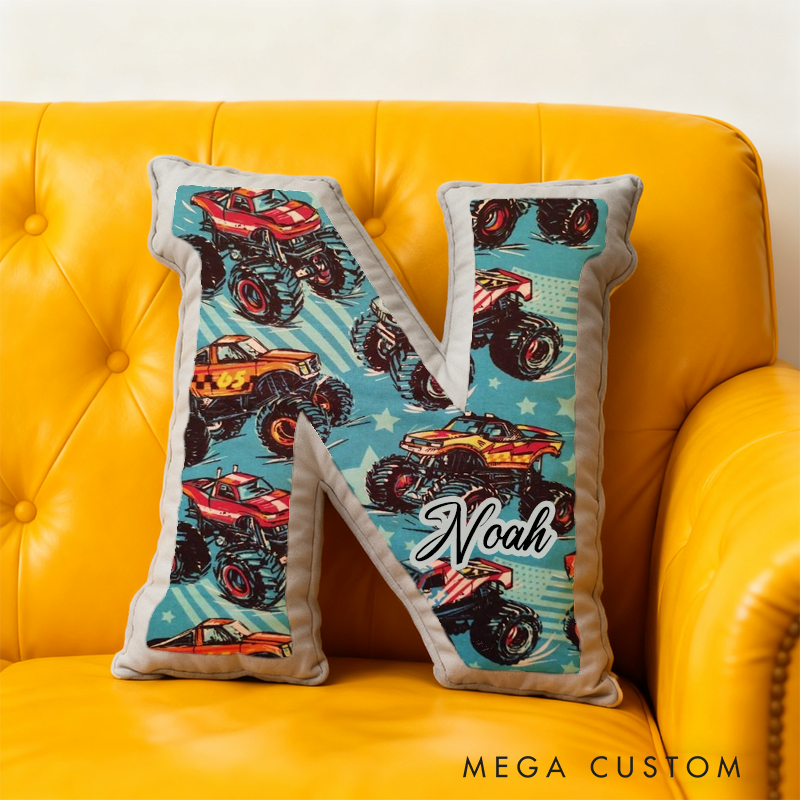 Personalized Monster Truck Initial Pillow with Custom Name Gift for Truck Enthusiasts