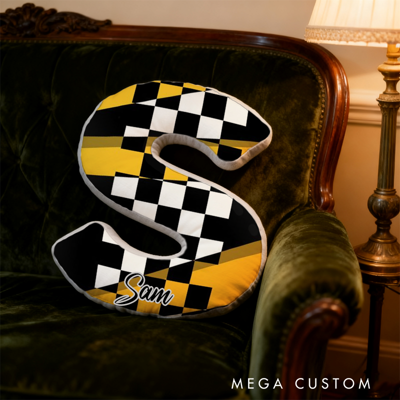 Personalized Racing Checkered Flag Initial Pillow with Custom Name Gift for Race Fans