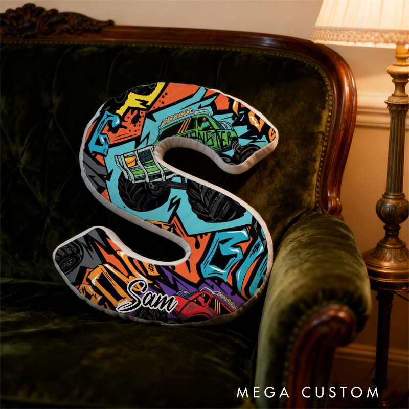 Personalized Graffiti Monster Truck Initial Pillow with Custom Name Gift for Truck Enthusiasts