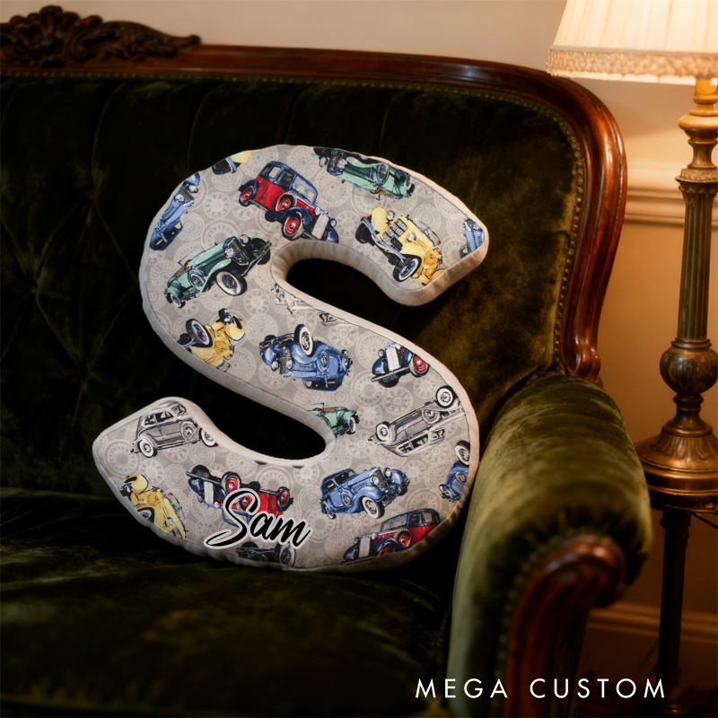 Personalized Vintage Car Initial Pillow with Custom Name Gift for Classic Car Lovers