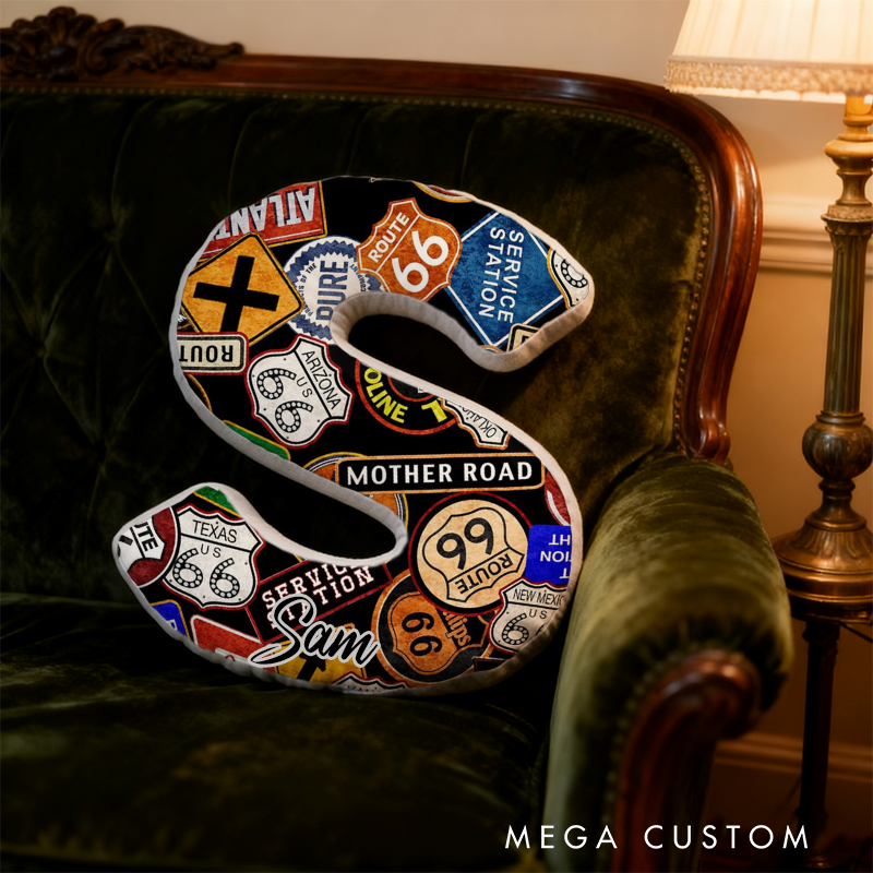Personalized Route 66 Road Sign Initial Pillow with Custom Name Gift for Travel Enthusiasts