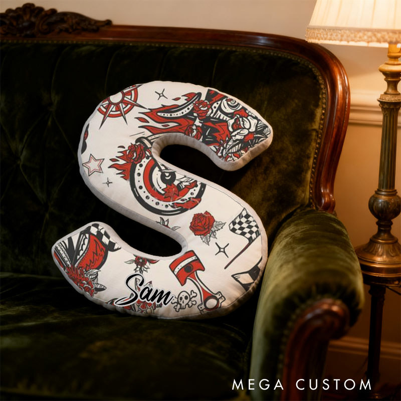 Personalized Racing Tattoo Inspired Initial Pillow with Custom Name Gift for Motorsport Fans