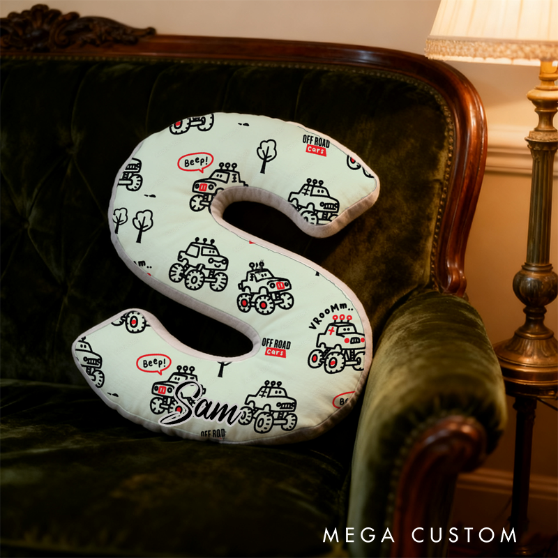 Personalized Cartoon Off Road Monster Truck Initial Pillow with Custom Name Gift for Truck Lover Kidss