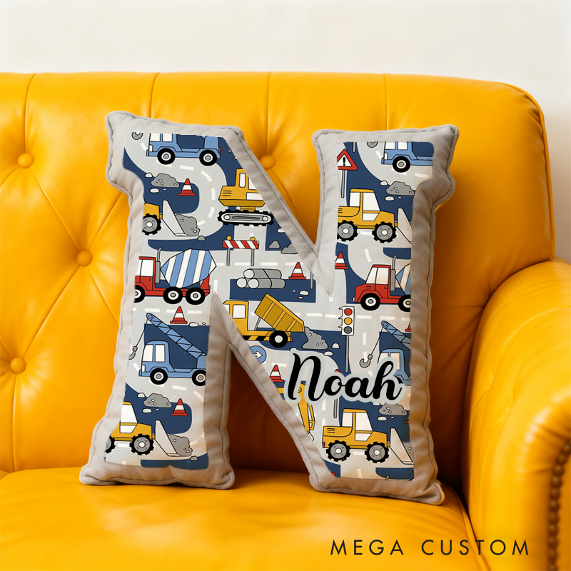 Personalized Construction Vehicle Alphabet Pillow with Custom Name Gift for Kids and Vehicle Fans
