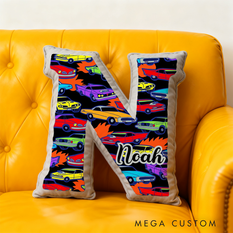 Personalized Racing Vehicle Themed Initial Pillow with Custom Name Gift for Kids and Vehicle Enthusiasts