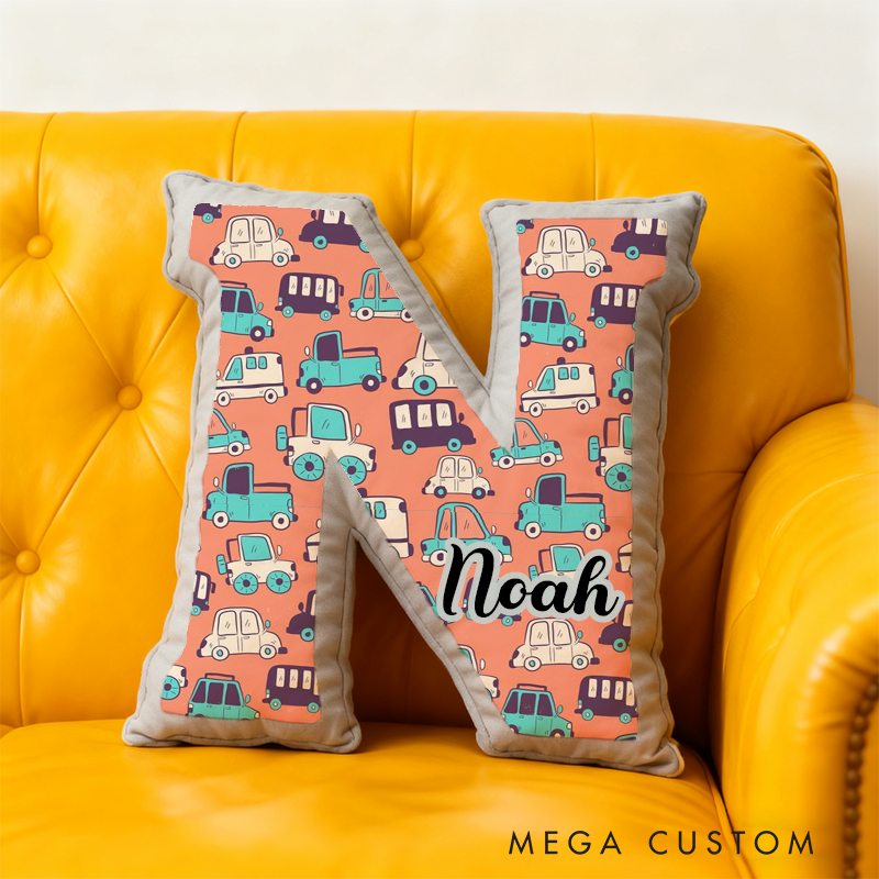 Personalized Cartoon Vehicle Themed Alphabet Pillow with Custom Name Gift for Kids