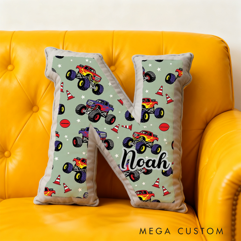 Personalized Monster Truck Vehicle Themed Alphabet Pillow with Custom Name Gift for Kids