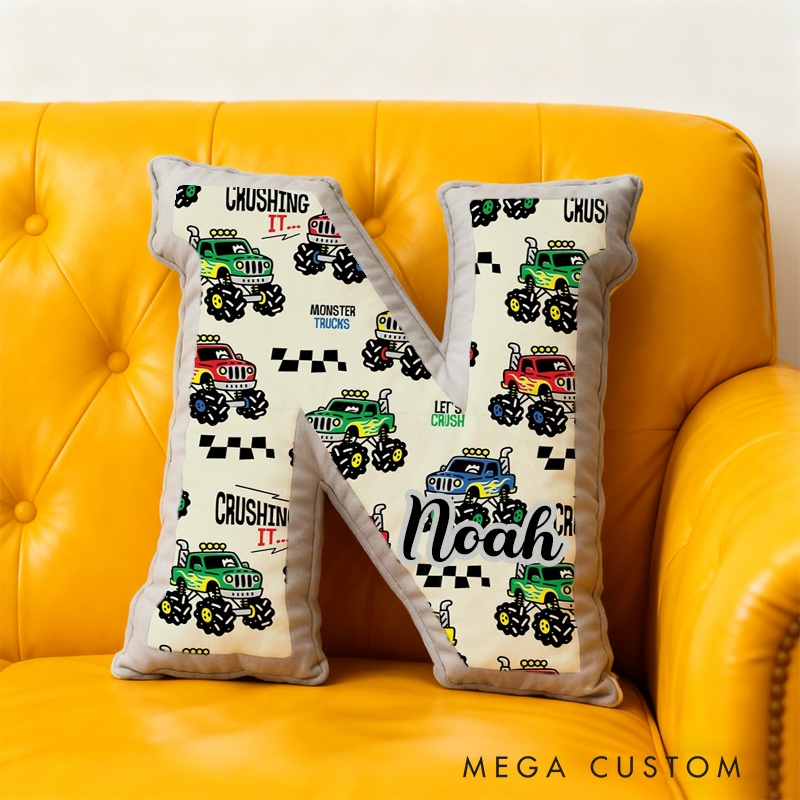 Personalized Monster Truck Vehicle Themed Alphabet Pillow with Custom Name Gift for Kids