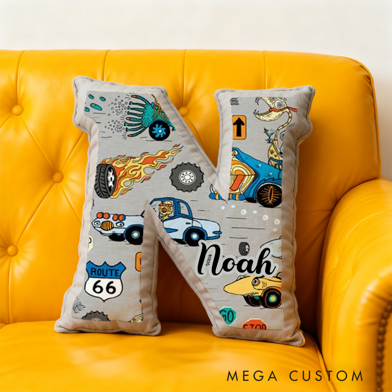 Personalized Retro Vehicle Themed Alphabet Pillow with Custom Name Gift for Kids Vehicle Fans