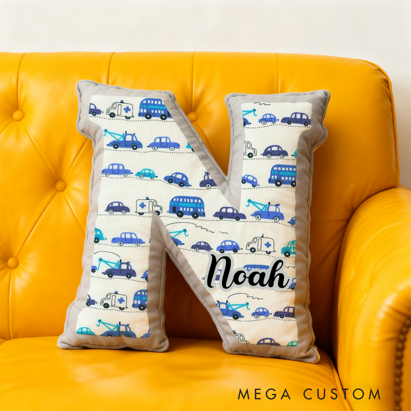Personalized Blue Cartoon Vehicle Themed Alphabet Pillow with Custom Name Gift for Kids Vehicle Fans