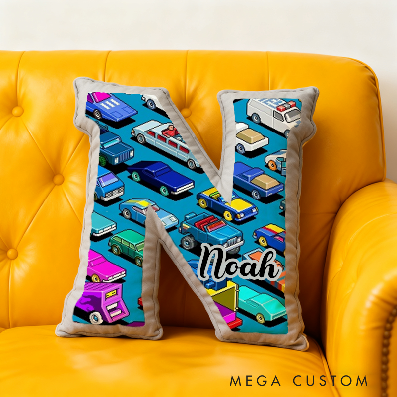 Personalized Colorful Vehicle Themed Alphabet Pillow with Custom Name Gift for Kids Vehicle Fans