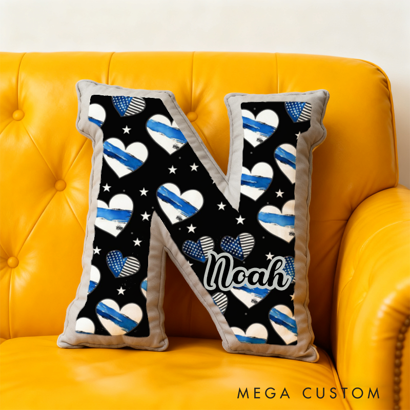 Personalized Letter Shaped Back the Blue Pillow with Heart and Star Design Custom Name Gift for Kids