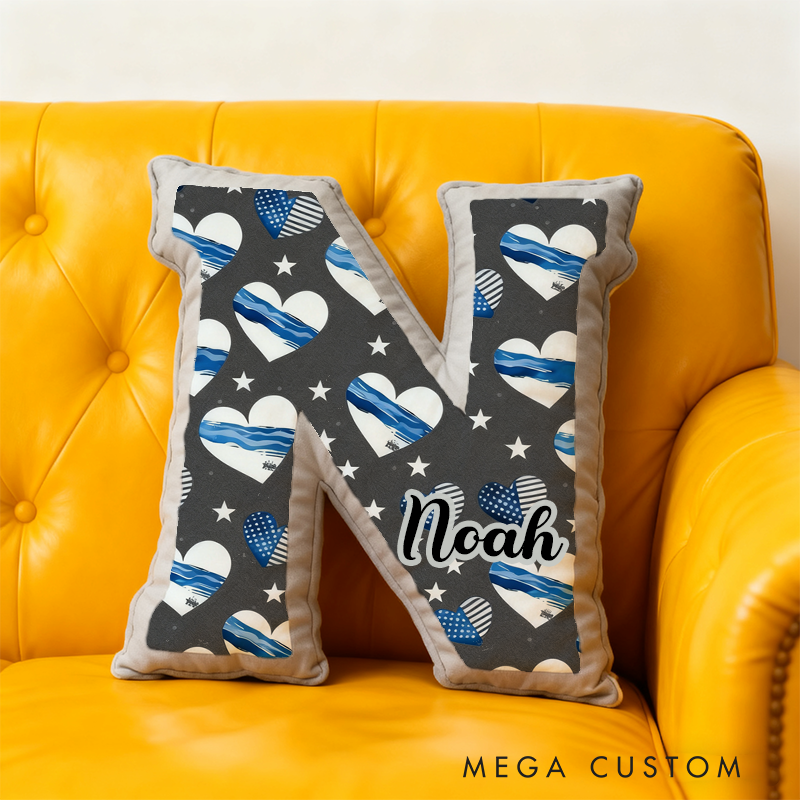 Personalized Letter Shaped Blue Line Pillow with Heart and Star Design Custom Name Gift for Kids