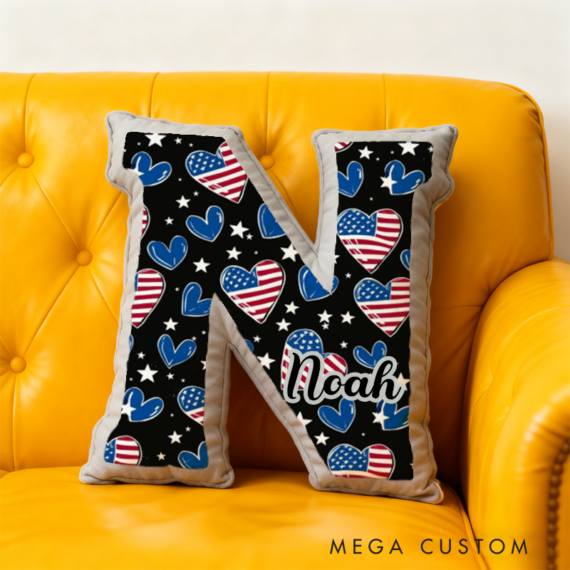Personalized Letter Shaped Pillow with American Flag Heart Design Custom Name Gift for Police Kids