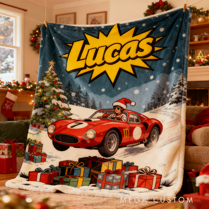 Personalized Christmas Racing Car Blanket Custom Name Holiday Gift Cozy Winter Throw for Racing Lovers