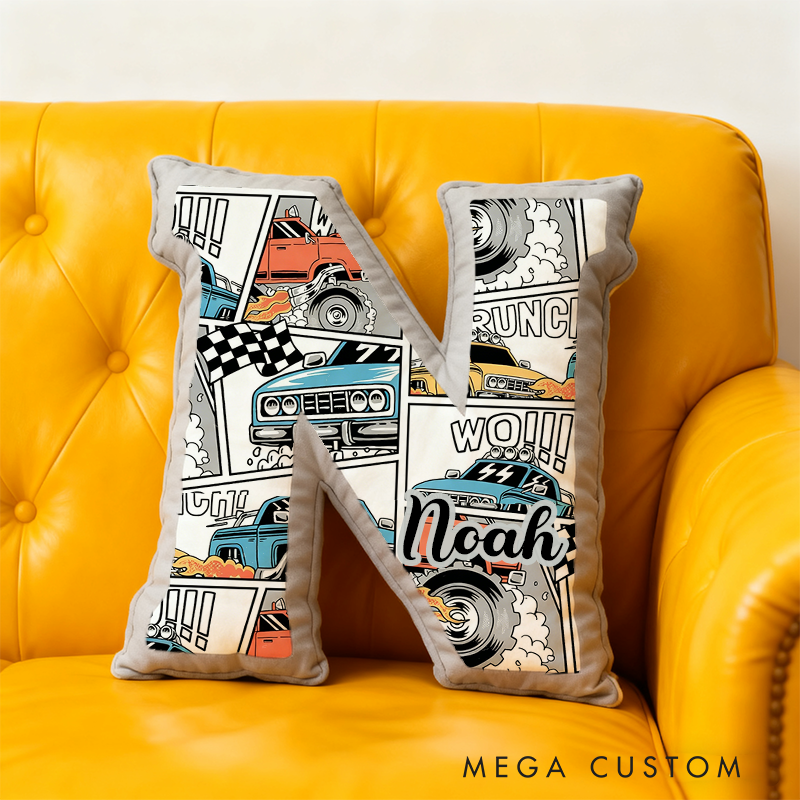 Personalized Monster Truck Letter Shaped Pillow Custom Name Design Car Enthusiasts and Motorsport Fans Gift