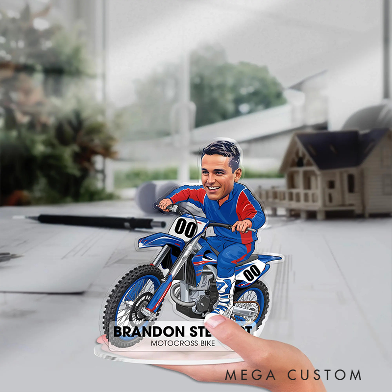 Personalized Motocross Biker Figurine Caricature Portrait Desk Name Plate Acrylic Motorcycle Dirt Bike Plaque Office Decor Gifts